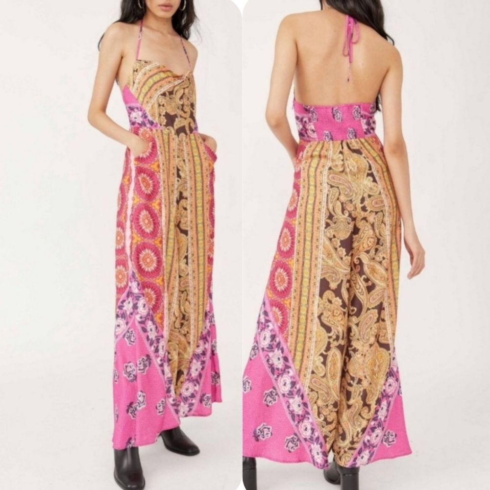 Free People Size X-Small Miranda Pink Halterneck Open Back Wide Leg Jumpsuit NWT